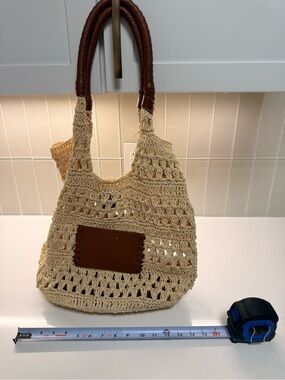 BCBG Cream Crochet Tote with Brown Wrapped Handles